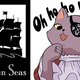 An image of Seven Seas Entertainment's logo of a black sail boat alongside United Workers of Seven Seas' sticker of a cat wearing an eyepatch.